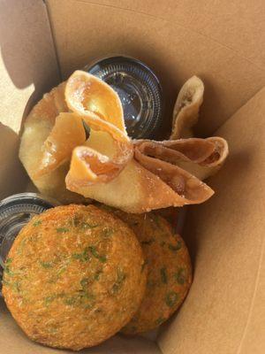 Crab Rangoon with Sweet Chile Sauce and Fish Cakes