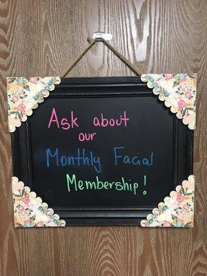 Monthly Facial Membership Only $50.00 sign up today!!!