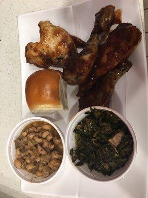 Bbq chicken with black eye peas and collard greens