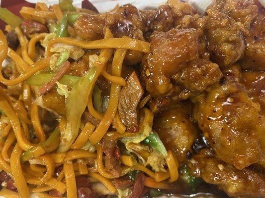 Orange chicken and pork lo mein