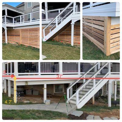 Cedar wood horizontal privacy screen enclosing the underneath of the deck