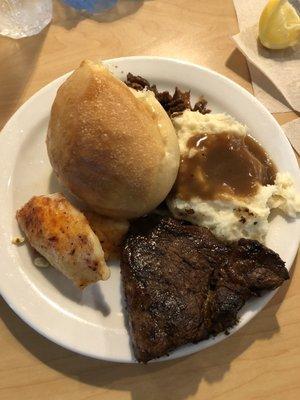 Steak, Mashed Potatoes & Gravy, bread, fish, Bourbon Street Chicken.