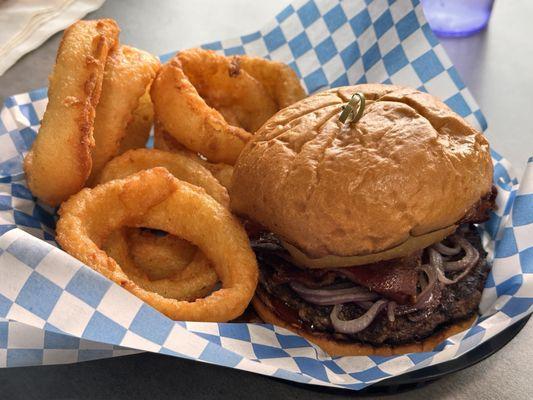 Western BBQ burger with onion ring upgrade.