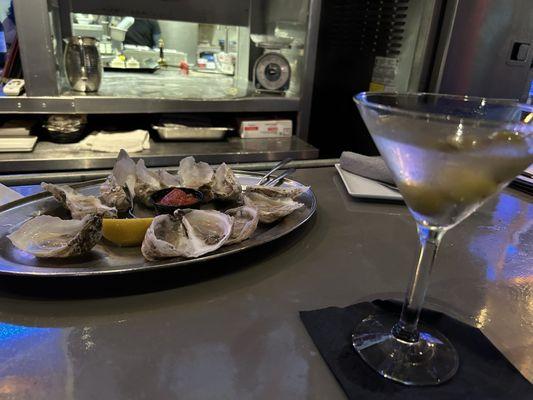 Oysters on the half shell and a dirty martini.