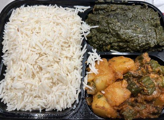 lunch combo #2 (two vegetable dishes) - chana palak [top] & aloo bhindi [bottom]