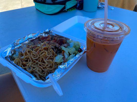 Teriyaki chicken with chow mein, steamed veggies, and a Thai tea. VERY DELICIOUS!!