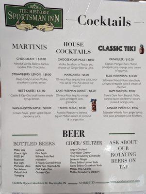 Cocktail and beer menu