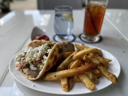 Gyro Pita with house-made fries. Fresh-brewed iced tea.