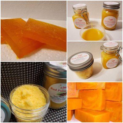 Red Palm Oil cream, sugar scrubs and bar, for clearing up and bright ingredients our skin