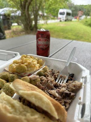 Pork BBQ plate with a bun & 2 sides - Mac & cheese & fried okra here