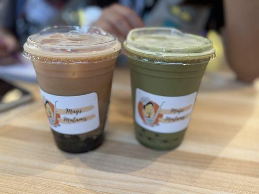 1. Lychee Milk Tea with regular boba 2. Matcha Milk Tea with strawberry boba