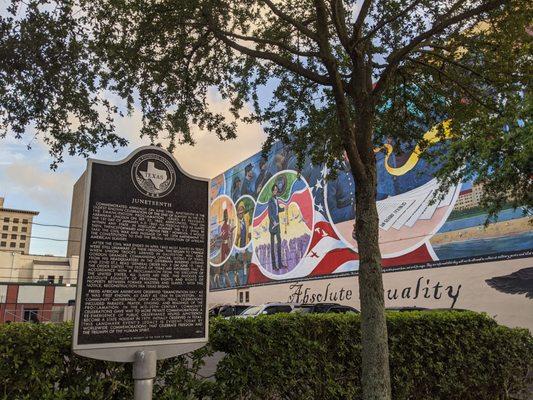 Juneteenth historic marker and "Absolutely Equality" mural by Reginald C. Adams