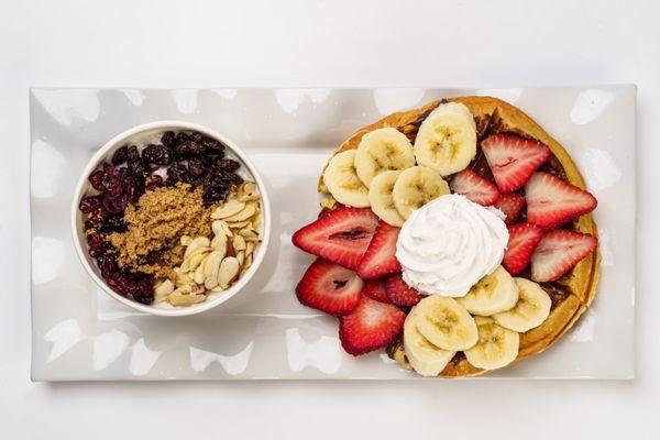 Oat meal with brown sugar, Almonds, and raisins.

Waffle with Nutella, strawberries and Banana