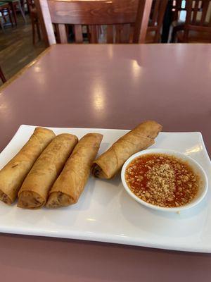 Fried chicken spring rolls with sweet and sour topped with peanuts.  Very good!