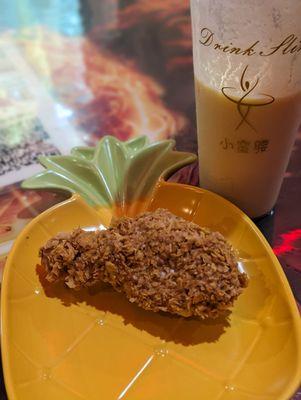 Fried chicken ice cream and pineapple mango protein shake.