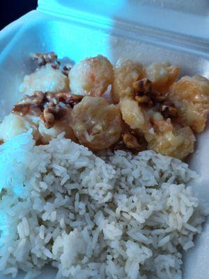 My leftovers. Walnut Shrimp and steamed rice.