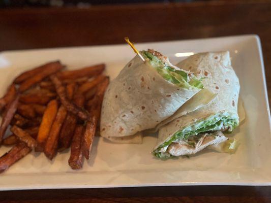 Chicken Caesar wrap.  Sweet potato fries.