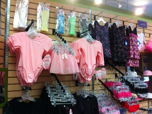 We have an entire wall of dance items, including tutus, leotards, skirts, tights  and tap & ballet shoes