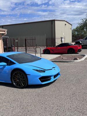 Client's Lambo and my Vette.