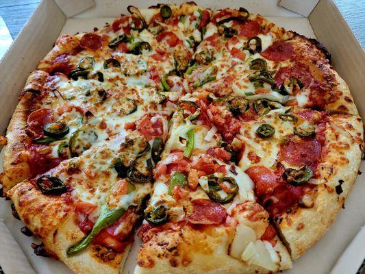 Large veggie pizza with extra sauce & pepperoni, without olives and mushrooms