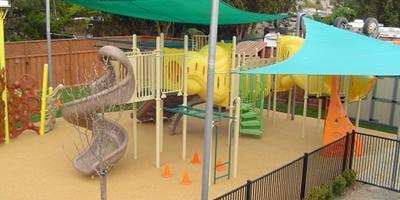 one of our two state-of-the-art playgrounds, featuring the latest in surfacing, misting systems and shade structures.