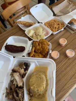 Pernil and Mofongo, acalpuria, tostones, pastelio, yuca, rice and beans