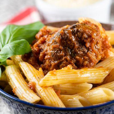 Parisi's Homemade Baked Ziti and Meatballs.