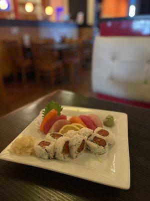 Sushi sashimi lunch plate with spicy tuna roll