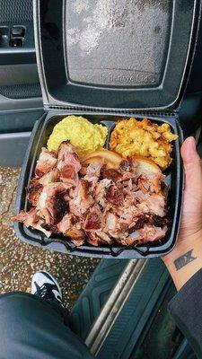 Rib-Tip Plate with mac n cheese and potato salad.