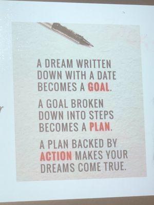 Dreams w/ deadline -- GOALS  Goals w/ steps -- PLAN Plans w/ action -- Dreams coming true!