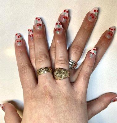 Full set acrylic , almond shaped with French tip ,& hand drawn cherries