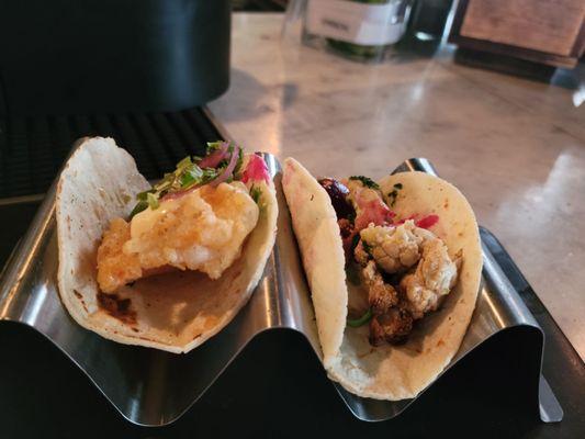 Shrimp tempura taco and cauliflower taco