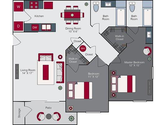 The Pyramid: 2 Beds, 2 Baths, 1121 sq. ft.