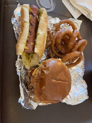 Bacon burger. Nathan's hot dog. Onion rings