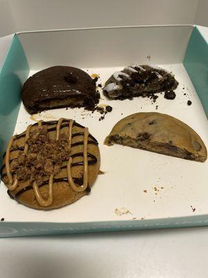 Stuffed Chocolate Chip, Cookies n Crème, Brookie, and the Reverse. Couldn't wait to get into it before I took the picture.