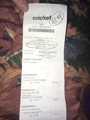 Here is the receipt for July 3 where the escalated Cricket cust. srvc. Specialist stated that we only paid $47.74,we paid cash