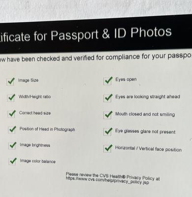 Certificate for passport and ID photos