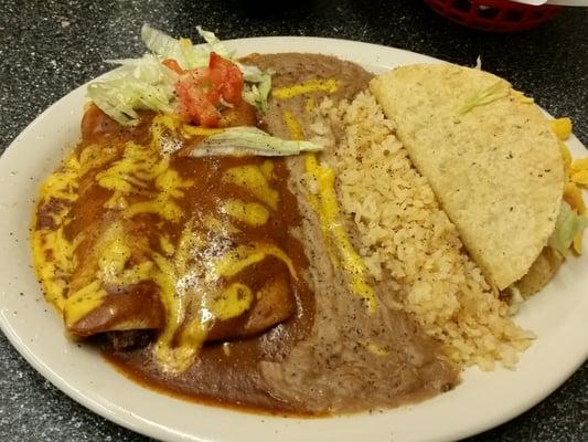 2 beef enchiladas,  beef taco, rice/beans.