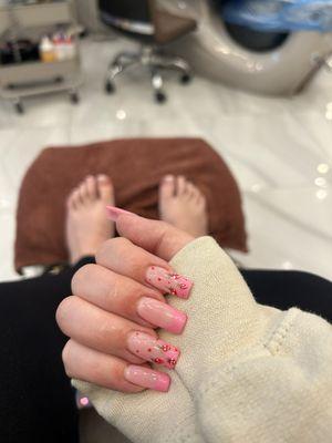 Pink French Tip with hand drawn strawberries