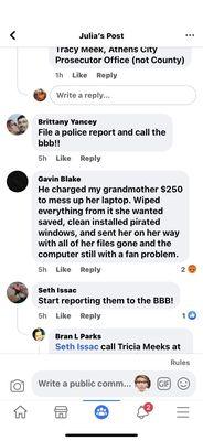 Facebook group talking about how fraudulent this business is.