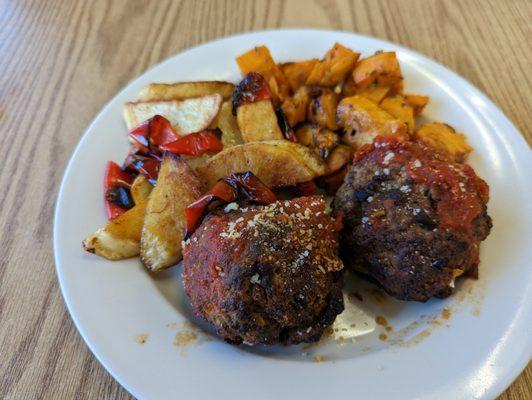 Italian meatballs, roasted potatoes, roasted sweet potatoes.