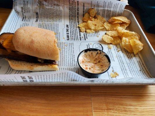 Brisket sandwich and house made chips with dipping sauce, YUMMY