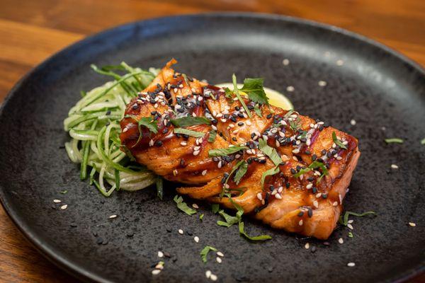 Pan Seared Salmon - Cucumber Noodles, Sesame, Cilantro, Lime, Ginger Yuzu Glaze