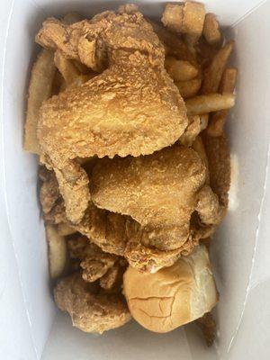 6 piece chicken with fries . Fresh and seasoned perfectly.