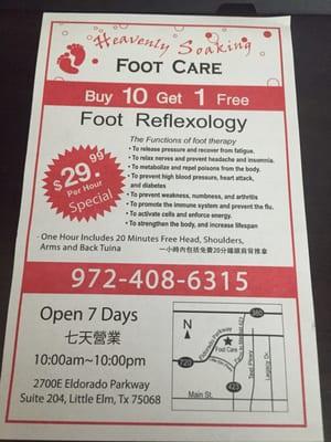 Here are the details for the 1hr foot massage. You won't have to ask the front desk guy.