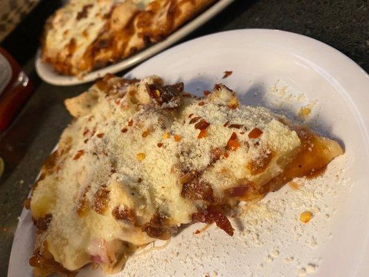 BBQ chicken pizza with Parmesan and peppers