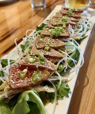 (Ahi Tuna Tataki) good, but I'd like to have some kind of crispy sesame cracker or tortilla type texture with it!