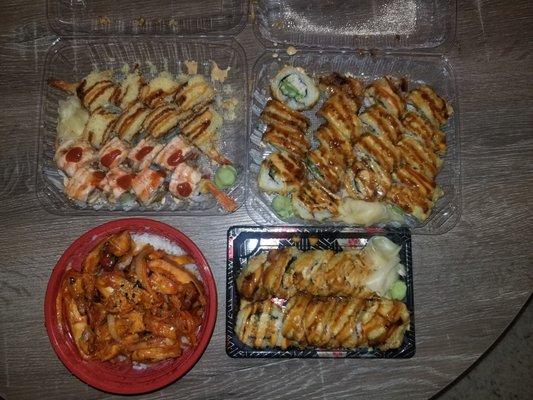 Spicy Chicken Teriyaki Bowl, 3 Baked California Rolls, 1 Dragon Roll.