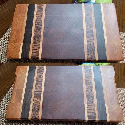 Bubinga, zebrawood, black walnut, and maple small cutting board.