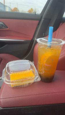 Mango cake, kumquat lemon bobba tea